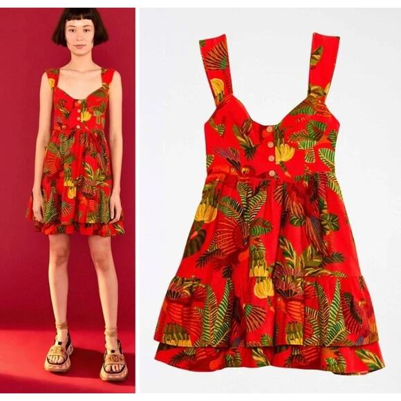 FARM Rio M Red Forest Birds Mini Dress - Linen Blend Floral A-Line Sweetheart